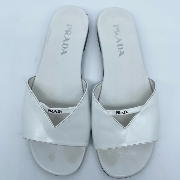 Prada White patent leather logo slide sandals EU 38.5 - Picture 1 of 13